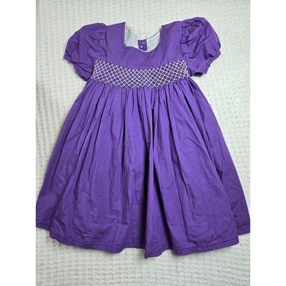 Sugar Bee Girls Purple Smocked Cotton Dress Size 5 Short Sleeve‎ Sash Tie Back